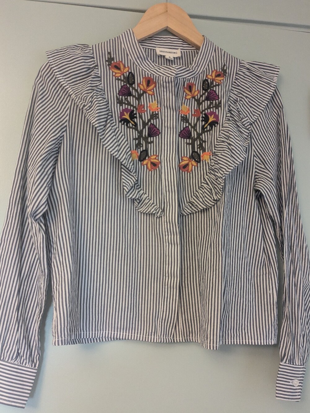 Striped Embroidered Ruffle Blouse